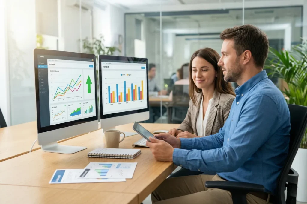 An SEO manager and a colleague review campaign results after an SEO training program in a bright office. Large monitors show colorful traffic growth charts and client engagement metrics.