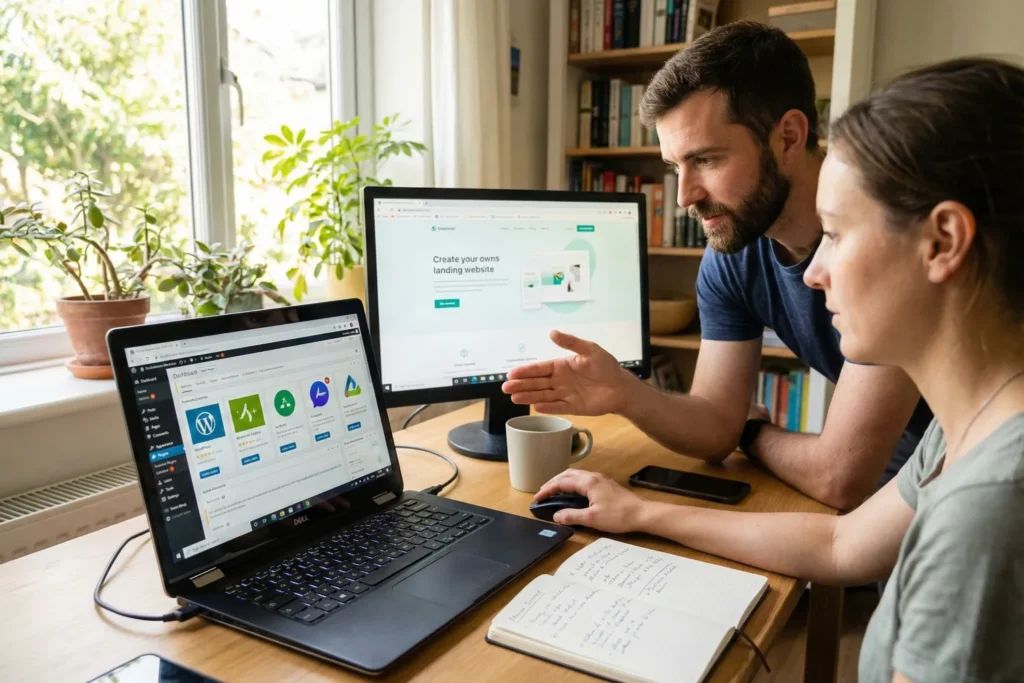 A business owner learns WordPress updates from a trainer at a bright home office desk. The laptop shows a website dashboard with colorful maintenance and optimization tools.