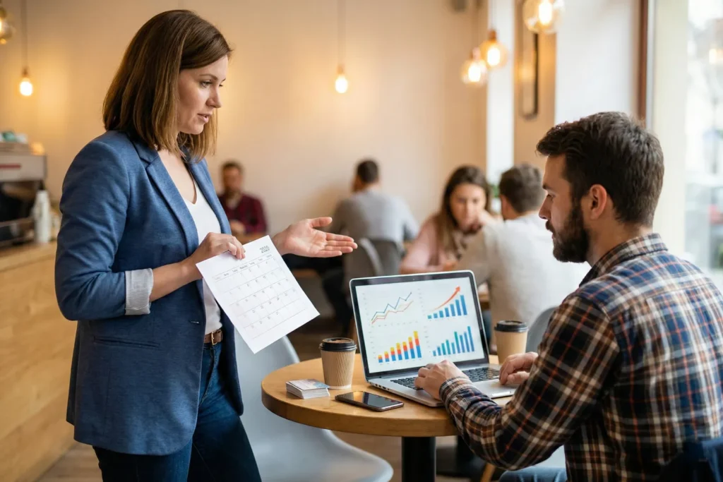 A woman marketing consultant discusses keyword research with a male business owner during an SEO training meeting in a bright cafe workspace. His laptop displays colorful SEO charts and content strategy visuals.