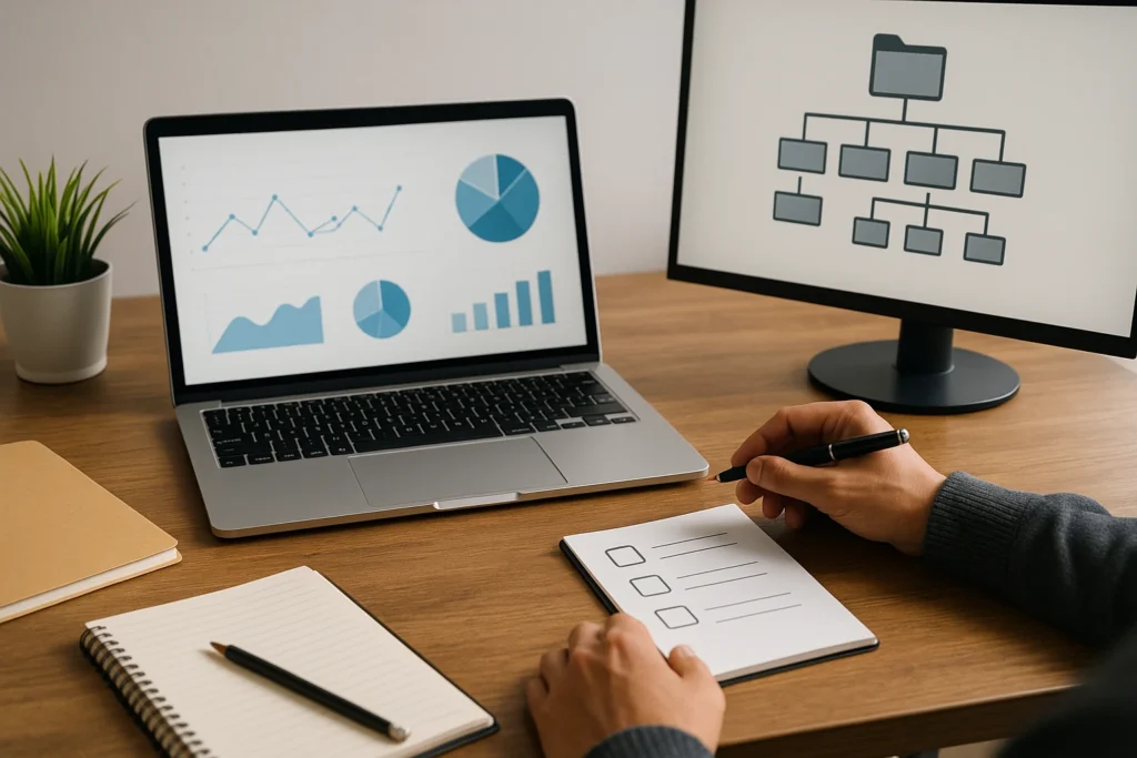 Outlining keyword research steps with analytics dashboards
