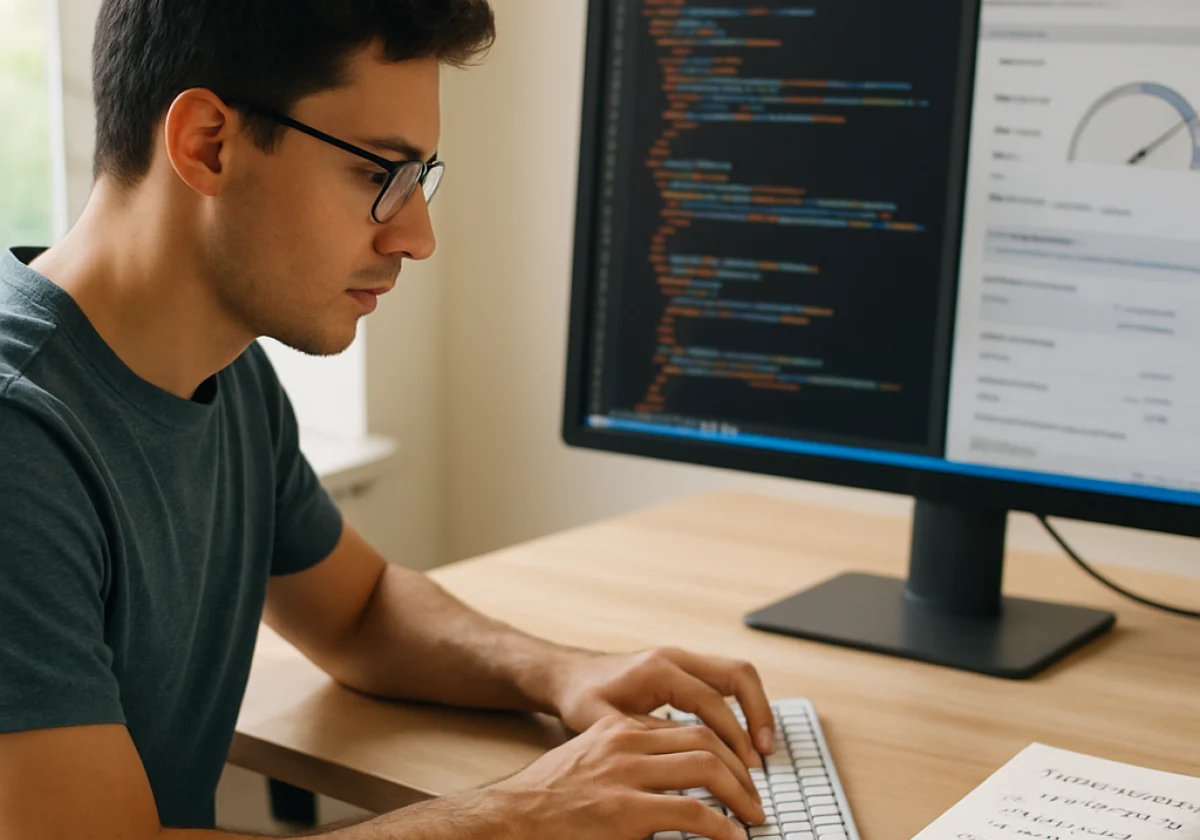 Web developer at a workstation in bright natural light