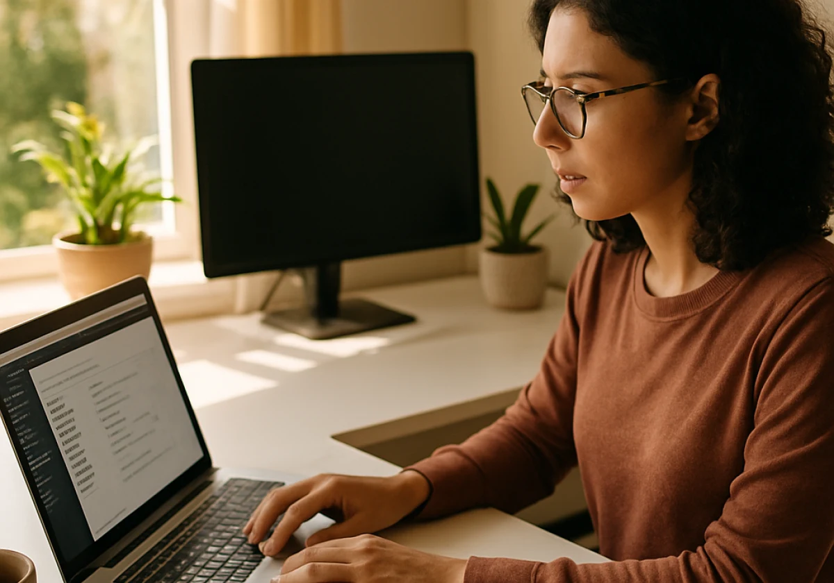 Web designer in a bright home office with morning sunlight through